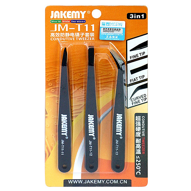 Jakemy JM-T11 Präzisionspinzette Set | 3in1 Antistatisch | Carbon | Werkstatt Werkzeug