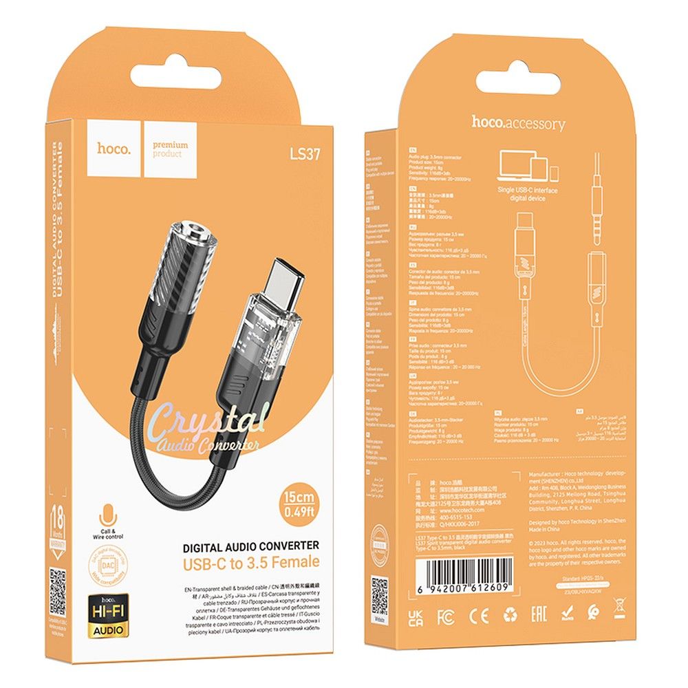 Audioadapter USB-C - 3,5mm HOCO LS37, Schwarz