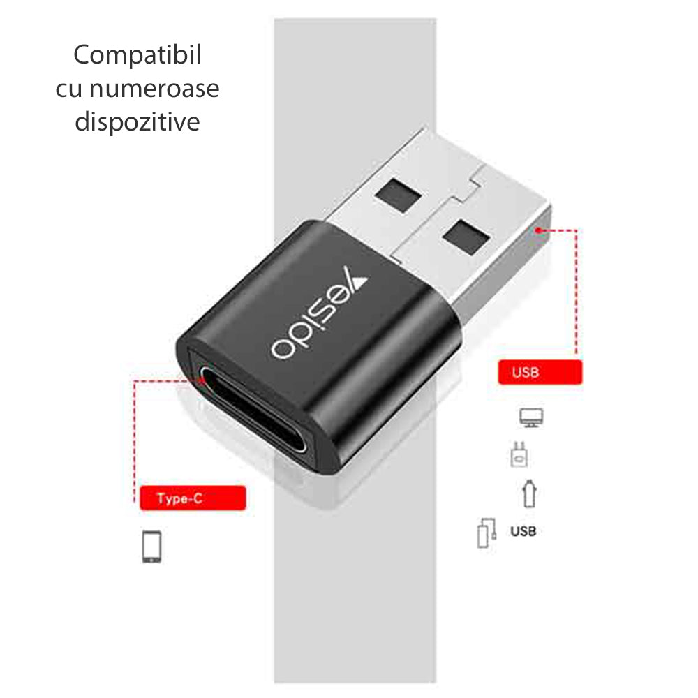 USB-C - USB-A Daten- und Ladeadapter Yesido GS09, Schwarz
