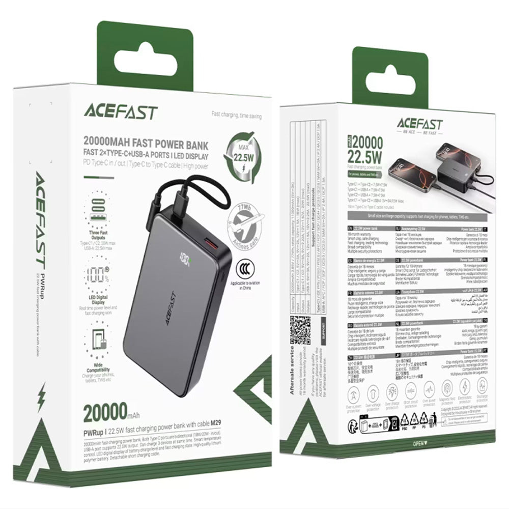 Externer Akku Acefast M29, 20000mAh, 22.5W, QC + PD, 1 x USB-A - 2 x USB-C, Schwarz