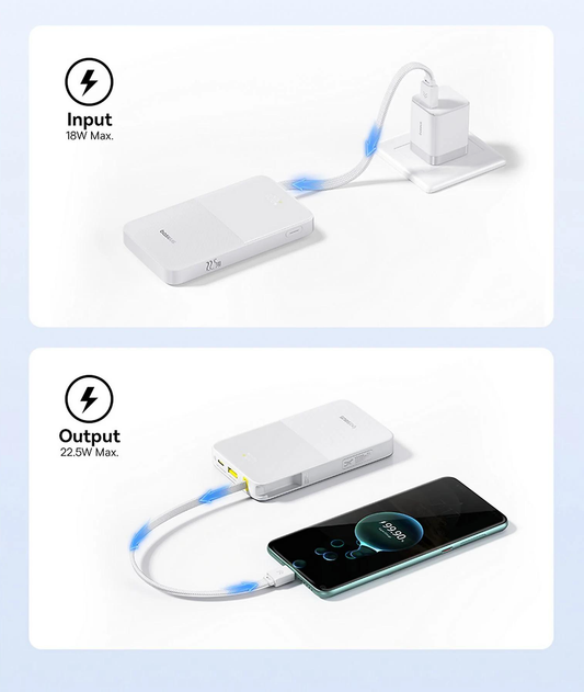 Externer Akku Baseus EnerFill Bipow2 Pro, 10000mAh, 22.5W, QC + PD, 1 x USB-A - 2 x USB-C, Weiß E0027601