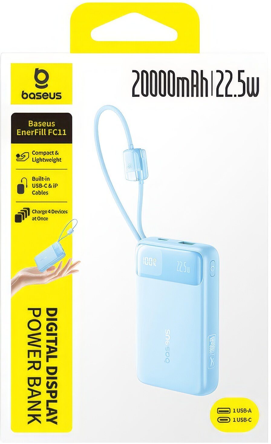 Externe Batterie Baseus EnerFill FC11, 20000mAh, 22,5W, QC + PD, 1 x Lightning - 1 x USB-A - 2 x USB-C, Blau E0027S06