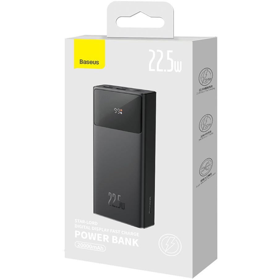 Externer Akku Baseus Star Lord, 20000mAh, 22,5W, QC + PD, 1 x USB-C - 2 x USB-A, Schwarz PPXJ080001
