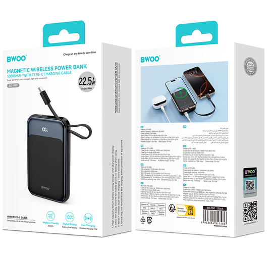 Kabellose Powerbank BWOO BO-P80, 10000mAh, 22,5W, PD + FQI, 1 x QI - 2 x USB-C, Schwarz