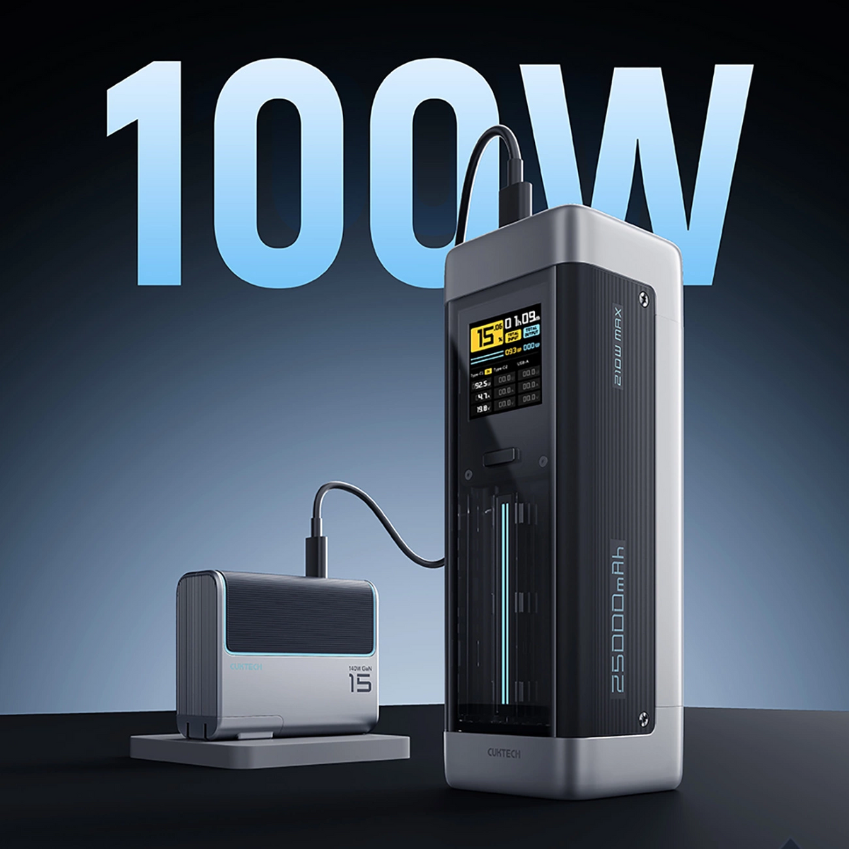 Externer Akku Cuktech, 25000mAh, 210W, QC + PD, 1 x USB-A - 2 x USB-C, Schwarz CUK00P23GLBK