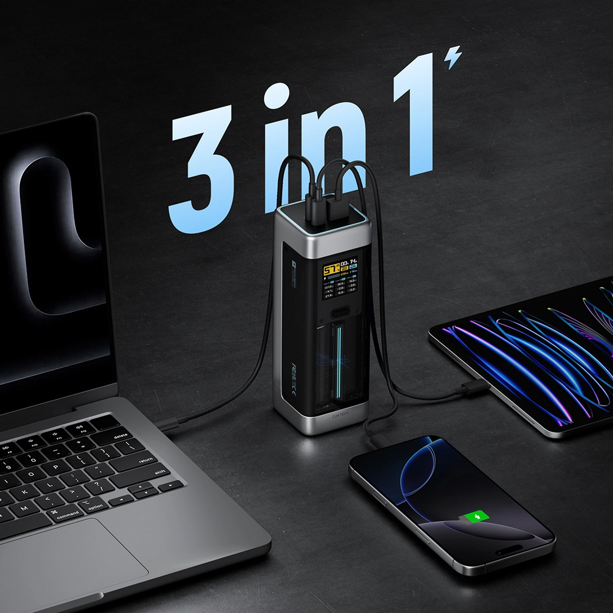 Externer Akku Cuktech, 25000mAh, 210W, QC + PD, 1 x USB-A - 2 x USB-C, Schwarz CUK00P23GLBK