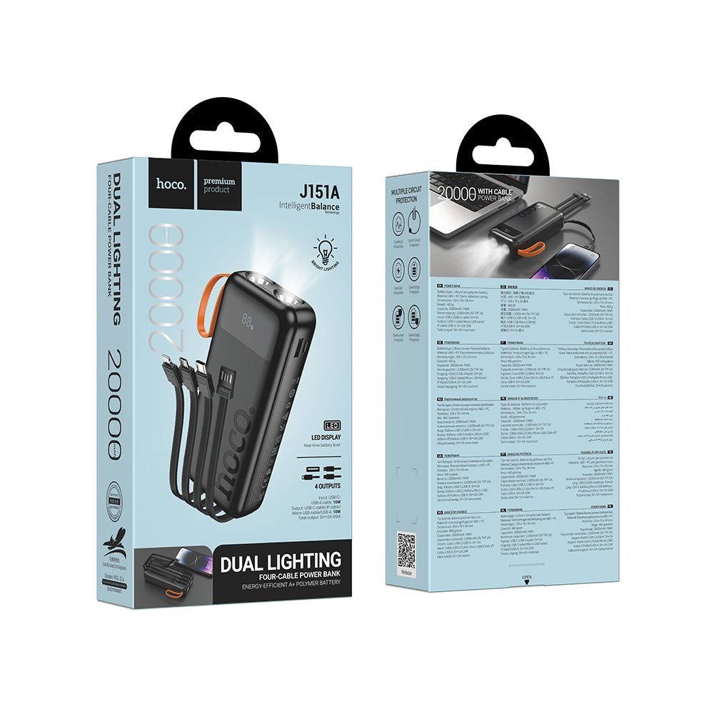 Externe Batterie HOCO J151A, 20000mAh, 10W, 1 x Lightning - 1 x microUSB - 1 x USB-A - 1 x USB-C, Schwarz