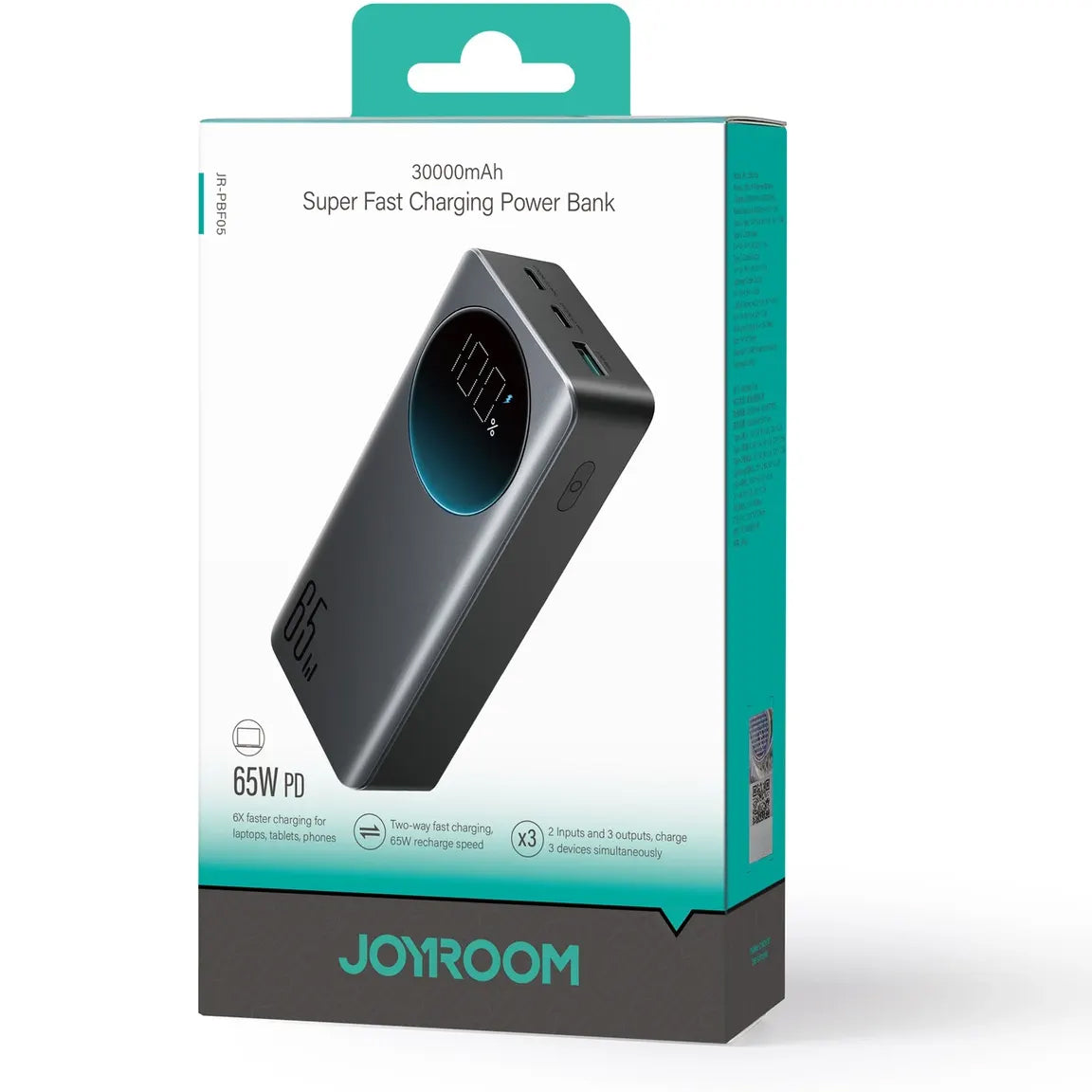 Externer Akku Joyroom JR-PBF05, 30000mAh, 65W, QC + PD, 1 x USB-A - 2 x USB-C, Schwarz
