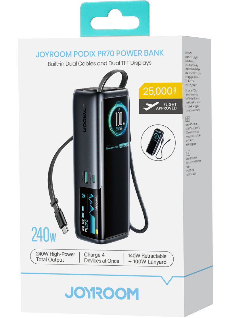 Joyroom PODIX PR70 Powerbank, 25000 mAh, 240 W, QC + PD, 1 x USB-A – 3 x USB-C, Schwarz