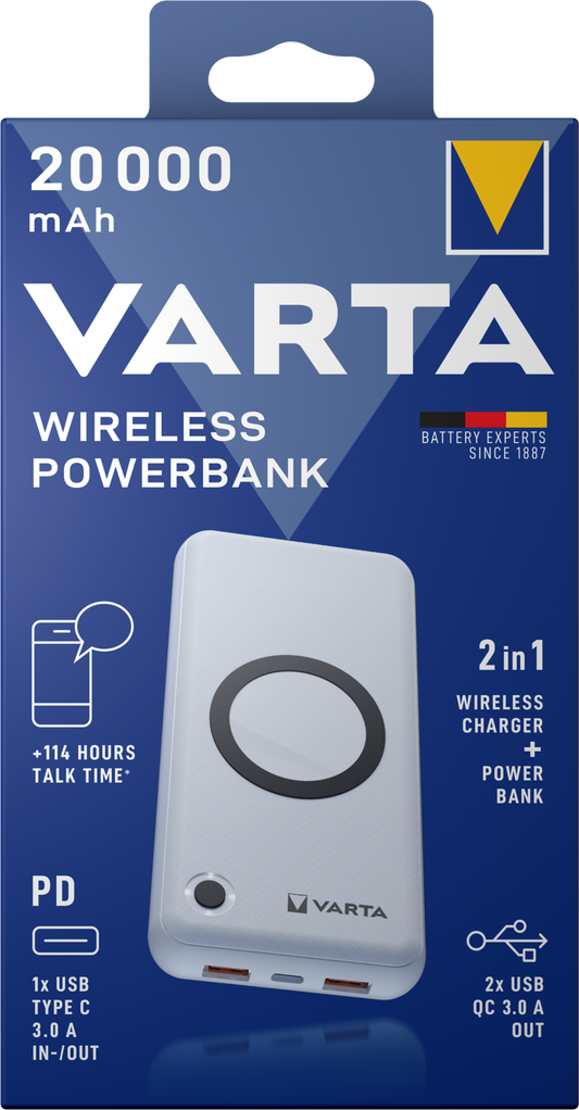 Varta Energy Wireless Externer Akku, 20000mAh, 18W, QC + PD + FQI, 1 x QI - 1 x USB-C - 2 x USB-A, Weiß