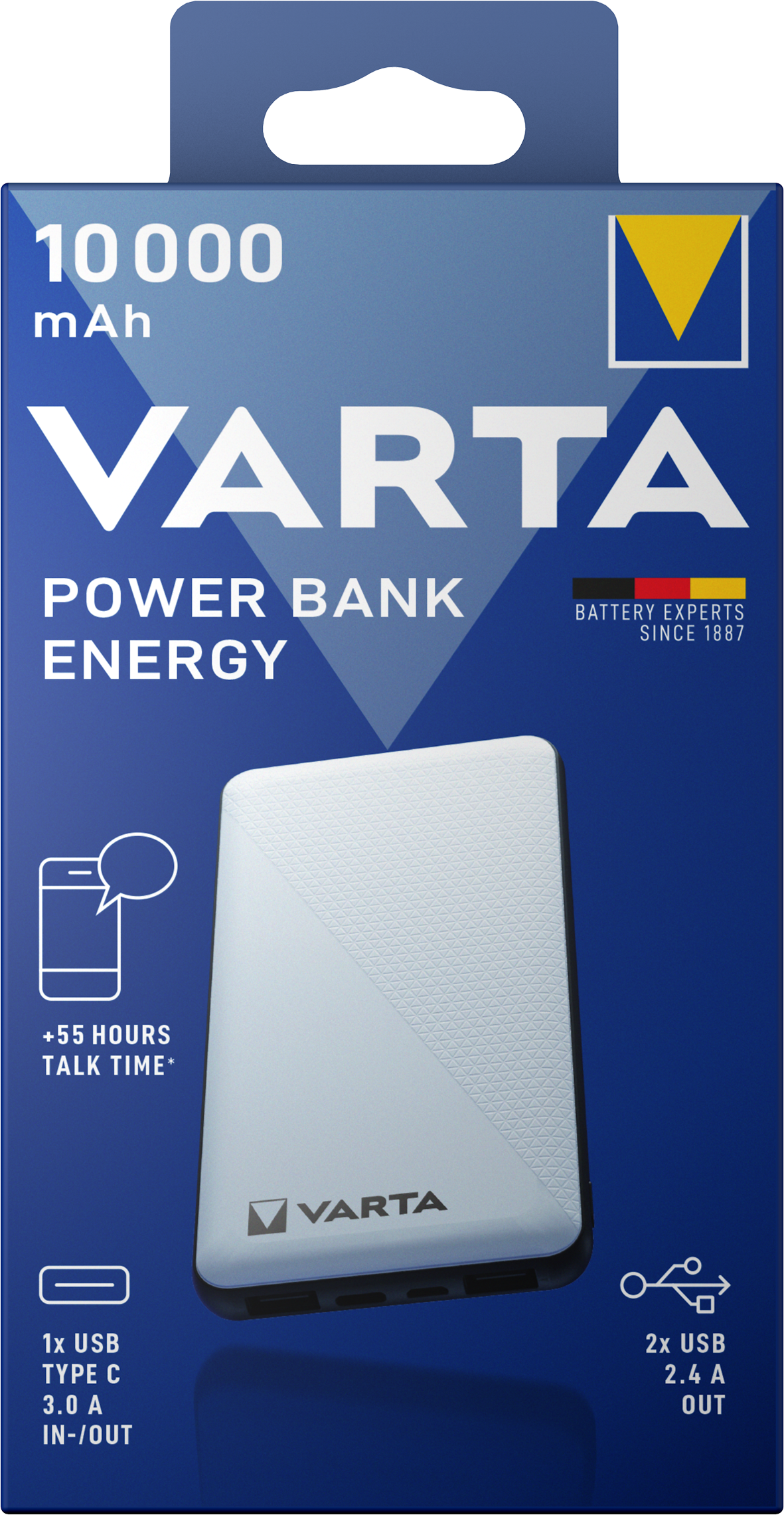 Varta Energy Externe Batterie, 10000mAh, 15W, 2 x USB-A - 1 x USB-C, Weiß