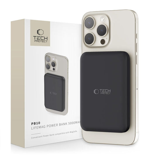 Tech-Protect PB10 LifeMag Wireless Externer Akku, 5000mAh, 15W, PD + FQI, 1 x QI - 1 x USB-C, Schwarz