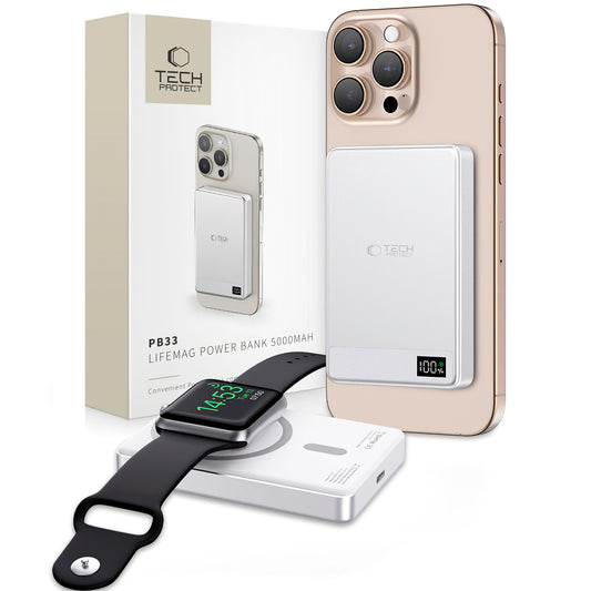 Tech-Protect PB33 LifeMag Wireless Externer Akku, 5000mAh, 15W, FQI, 1 x QI - 1 x USB-C, Grau