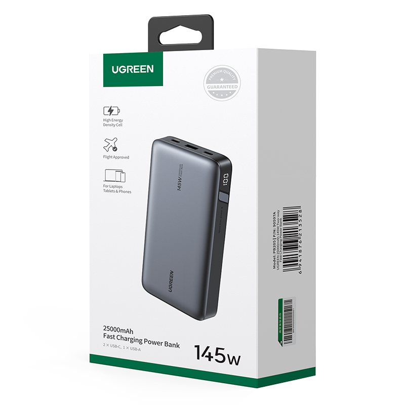 Externer Akku UGREEN PB205, 25000mAh, 145W, QC + PD, 1 x USB-A - 2 x USB-C, Grau