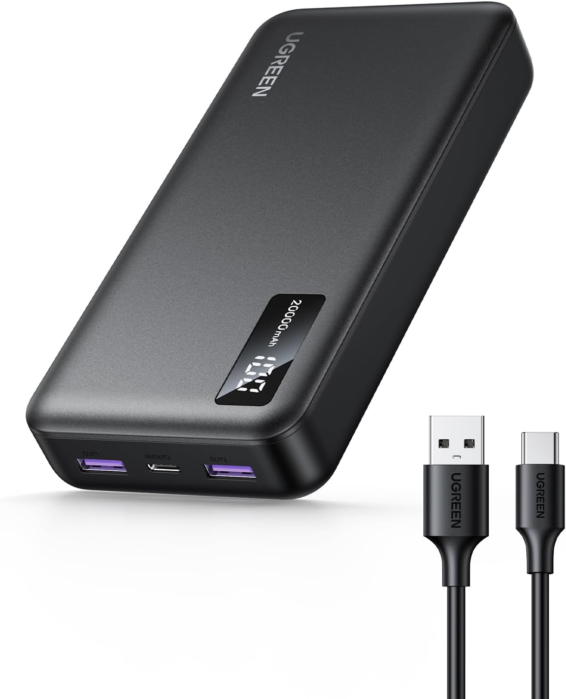 Externer Akku UGREEN PB312, 20000mAh, 22.5W, QC + PD, 1 x USB-C - 2 x USB-A, Schwarz