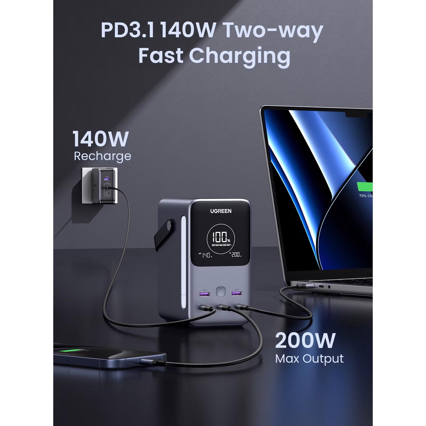 Externer Akku UGREEN PB770, 48000mAh, 300W, QC + PD, 2 x USB-A - 3 x USB-C, Grau