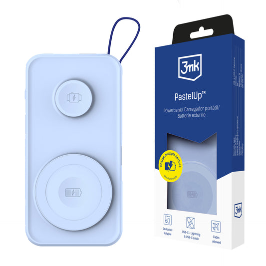 3MK PastelUp Wireless Externer Akku, 10000mAh, 22.5W, QC + PD + FQI, 1 x USB-A - 1 x USB-C - 2 x QI, Blau
