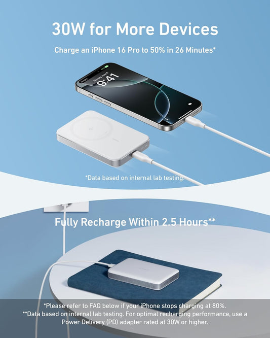 Anker MagGo Slim Wireless External Battery, 10000mAh, 30W, PD + FQI, 1 x QI - 1 x USB-C, Weiß A1664H21 A1664H21