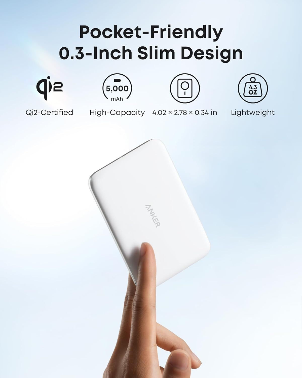 Externer Wireless Akku Anker Nano, 5000mAh, 20W, PD + FQI, 1 x QI - 1 x USB-C, Weiß A1665H21