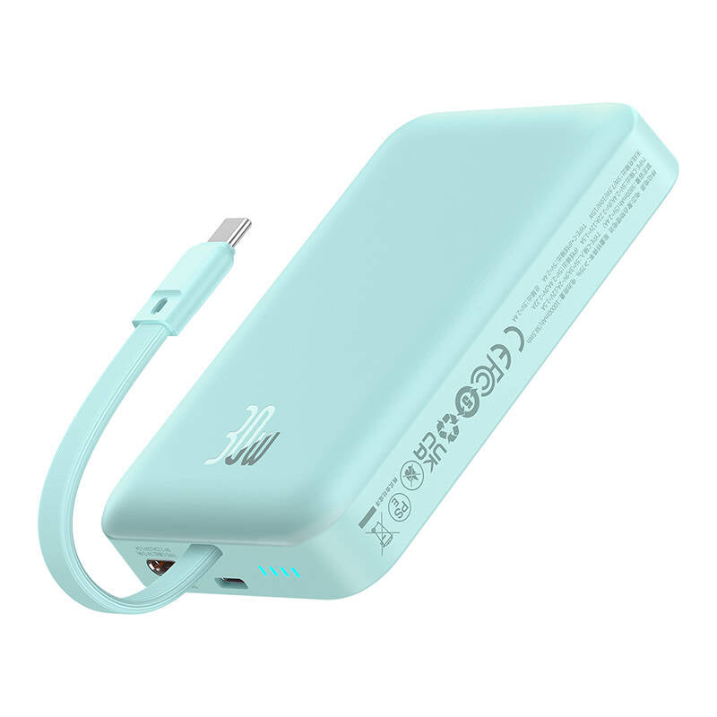 Baseus Magnetic Mini Wireless External Battery, 10000mAh, 30W, PD + FQI, 1 x Lightning - 1 x QI - 1 x USB-C, Blue P1002210B333-00