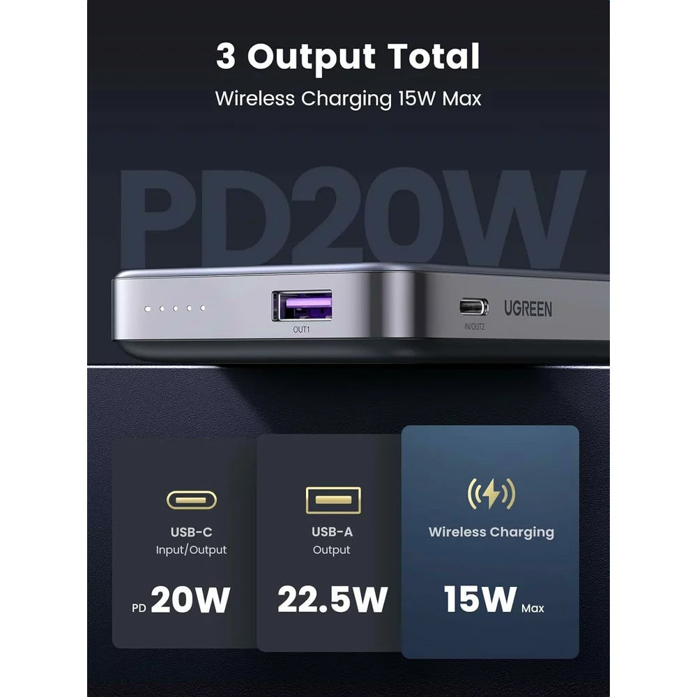 Wireless Powerbank UGREEN PB206, 10000mAh, 20W, QC + PD + FQI, 1 x QI - 1 x USB-A - 1 x USB-C, Grau