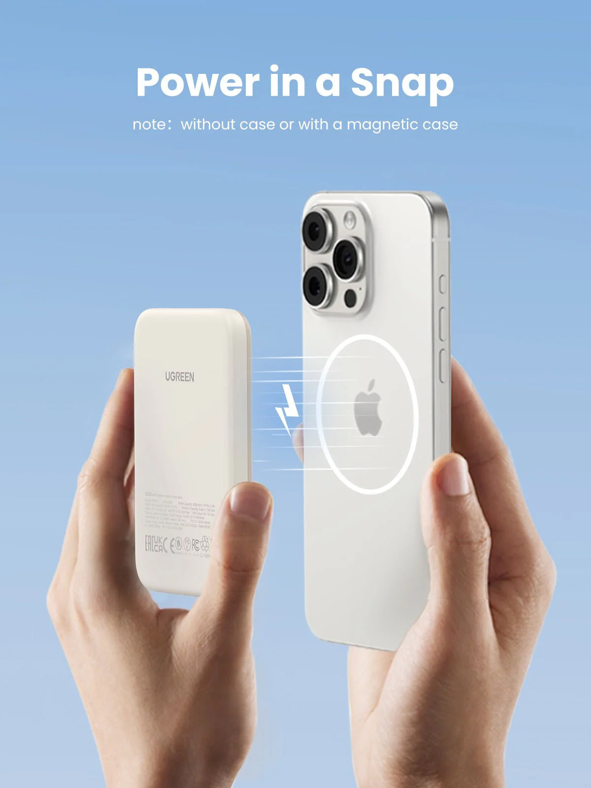 UGREEN PB560 Wireless External Battery, 5000mAh, 15W, PD + QI, 1 x QI - 1 x USB-C, Beige