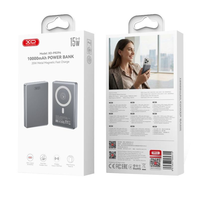 Wireless Powerbank XO Design PR294, 10000mAh, 20W, PD + FQI, 1 x QI - 1 x USB-C, Grau