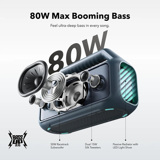 Tragbarer Bluetooth-Lautsprecher Anker SoundCore Boom 2, 80W, RGB, wasserdicht, blau A3138031