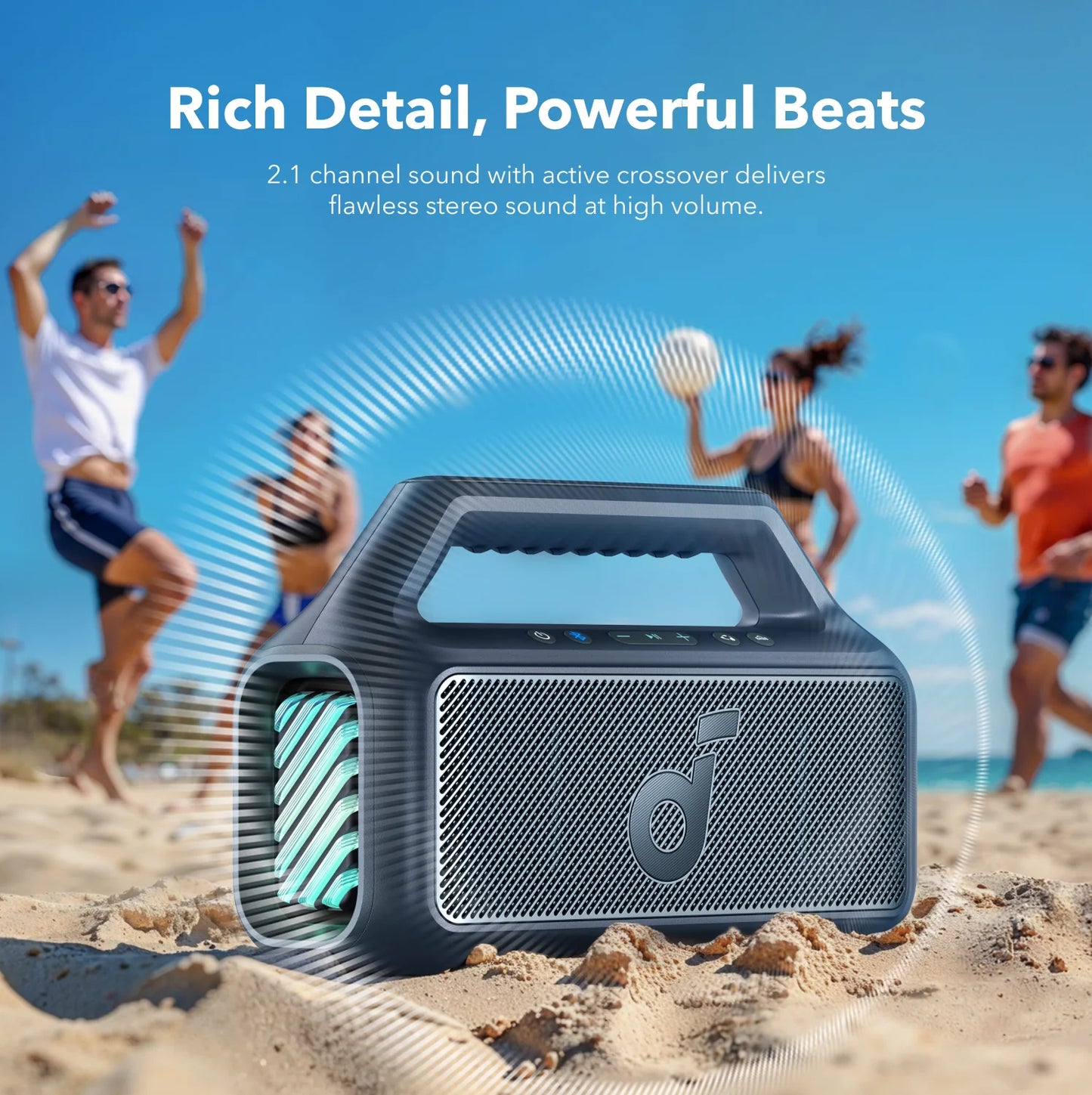 Tragbarer Bluetooth-Lautsprecher Anker SoundCore Boom 2, 80W, TWS, RGB, wasserdicht, Blau A3138031