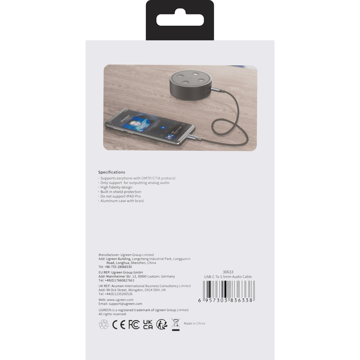Audio-Kabel USB-C - 3,5mm UGREEN AV143, 1m, Grau