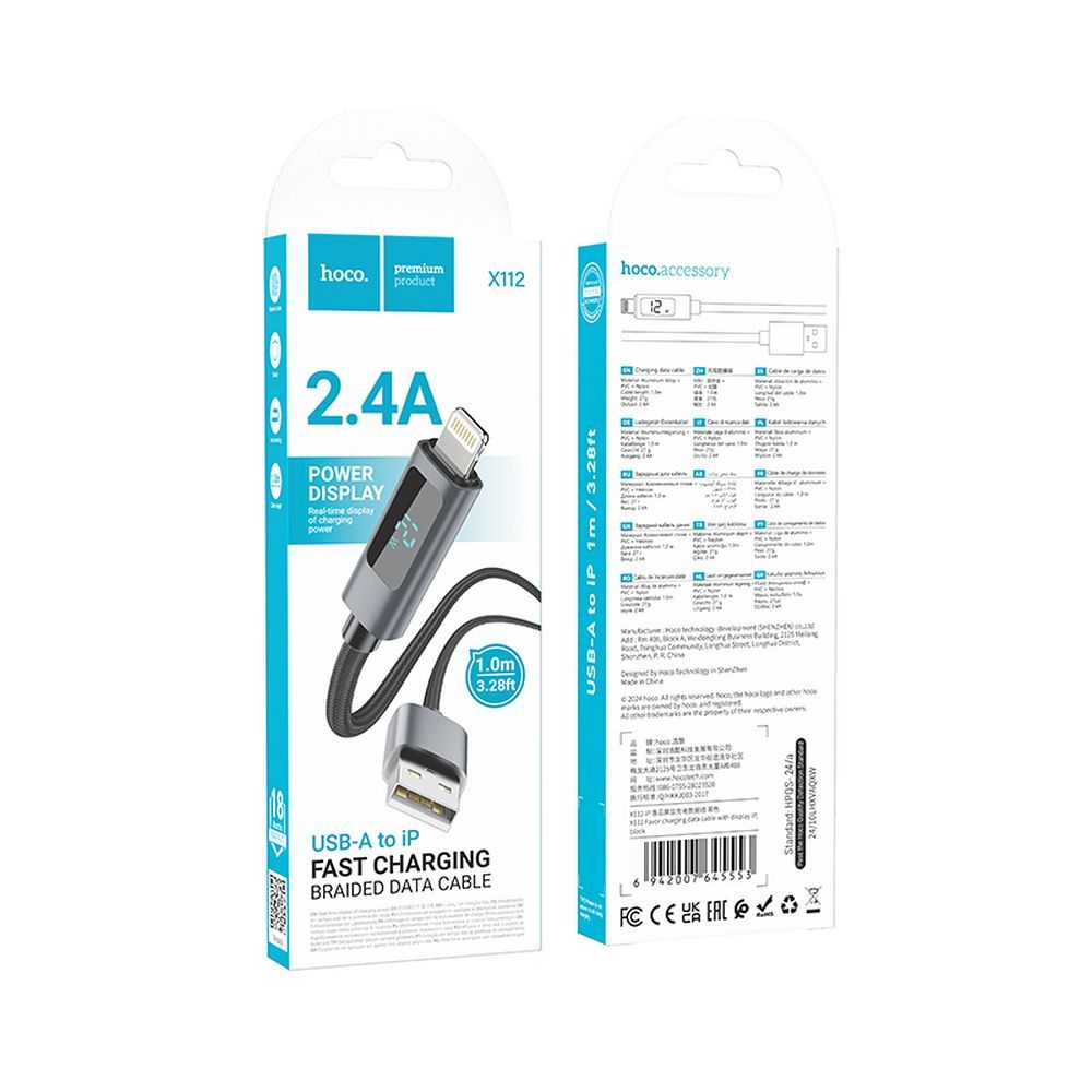 Daten- und Ladekabel USB-A - Lightning HOCO Display X112, 18W, 1m, Schwarz