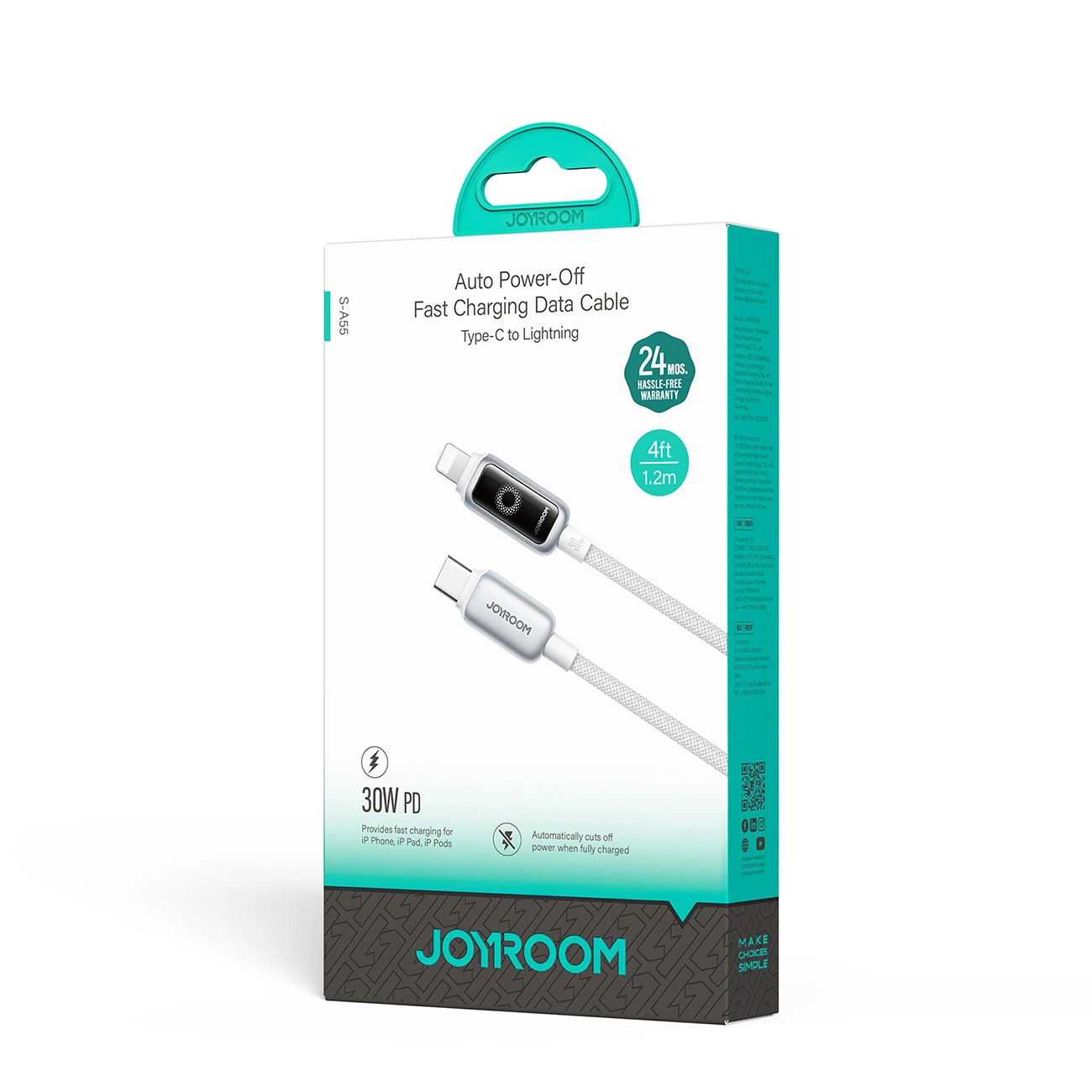 USB-C - Lightning Lade- und Datenkabel Joyroom S-A55 StarFlight Display, 30W, 1,2m, Weiß