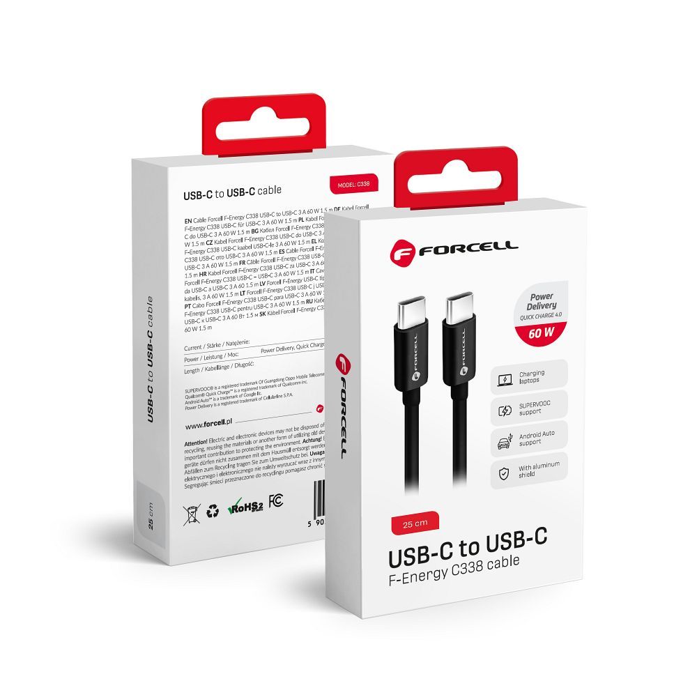USB-C zu USB-C Daten- und Ladekabel Forcell F-Energy C338, 60W, 0.25m, Schwarz