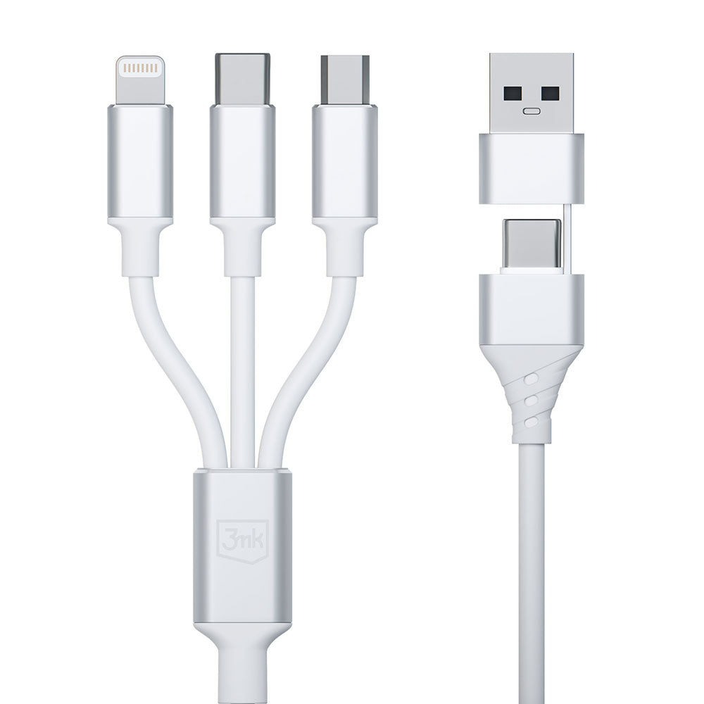 USB-A / USB-C to Lightning / microUSB / USB-C 3MK Hyper 3in1 Charging Cable, 12W, 1.5m, White