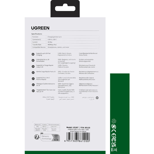 Daten- und Ladekabel USB-A - USB-C UGREEN US287, 60W, 0,5m, Weiß