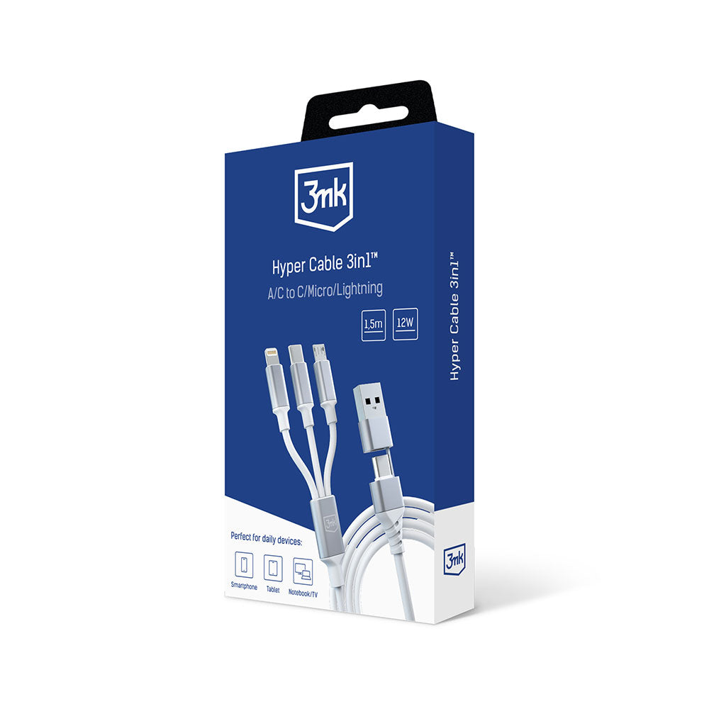 USB-A / USB-C to Lightning / microUSB / USB-C 3MK Hyper 3in1 Charging Cable, 12W, 1.5m, White