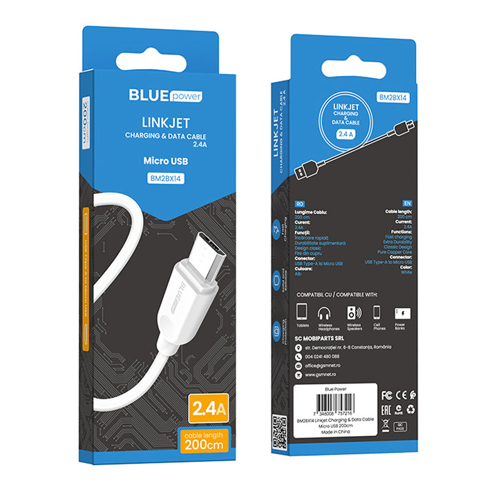Daten- und Ladekabel USB-A - microUSB BLUE Power BM2BX14 LinkJet, 18W, 2m, Weiß