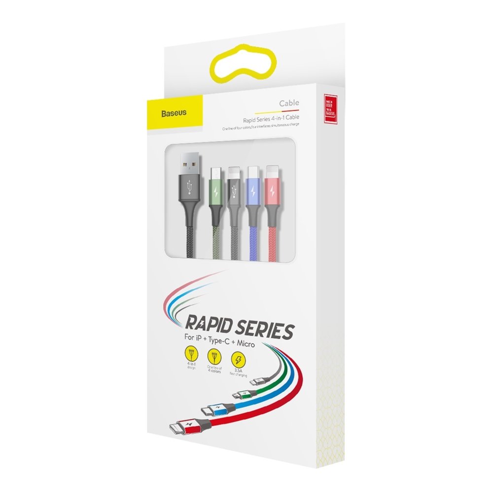 USB-A Charging Cable - 2 x Lightning / microUSB / USB-C Baseus Rapid 4in1, 20W, 1.2m, Black CA1T4-A01