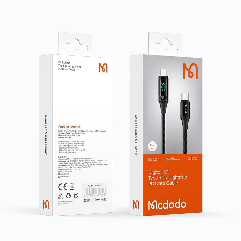 USB-C - Lightning McDodo CA-1030 Display Daten- und Ladekabel, 36W, 1.2m, Schwarz