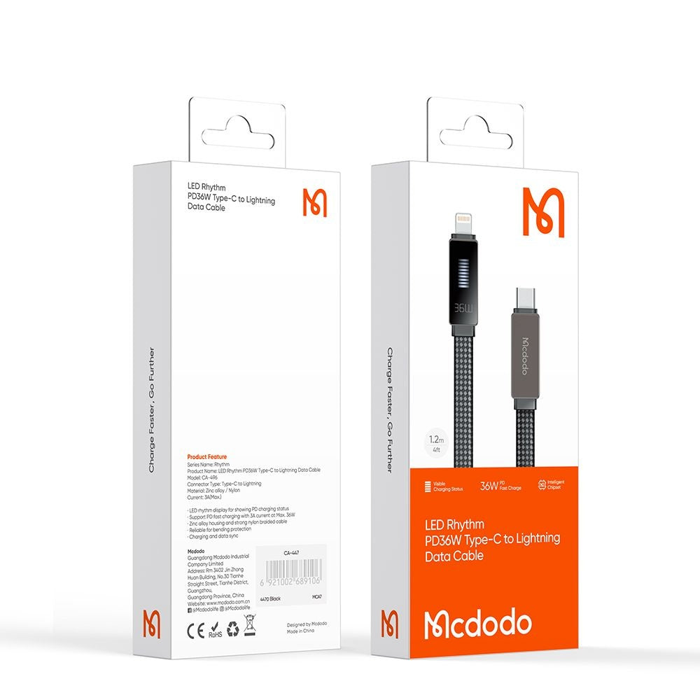 USB-C - Lightning McDodo CA-4960 Rythm Display Daten- und Ladekabel, 36W, 1.2m, Schwarz