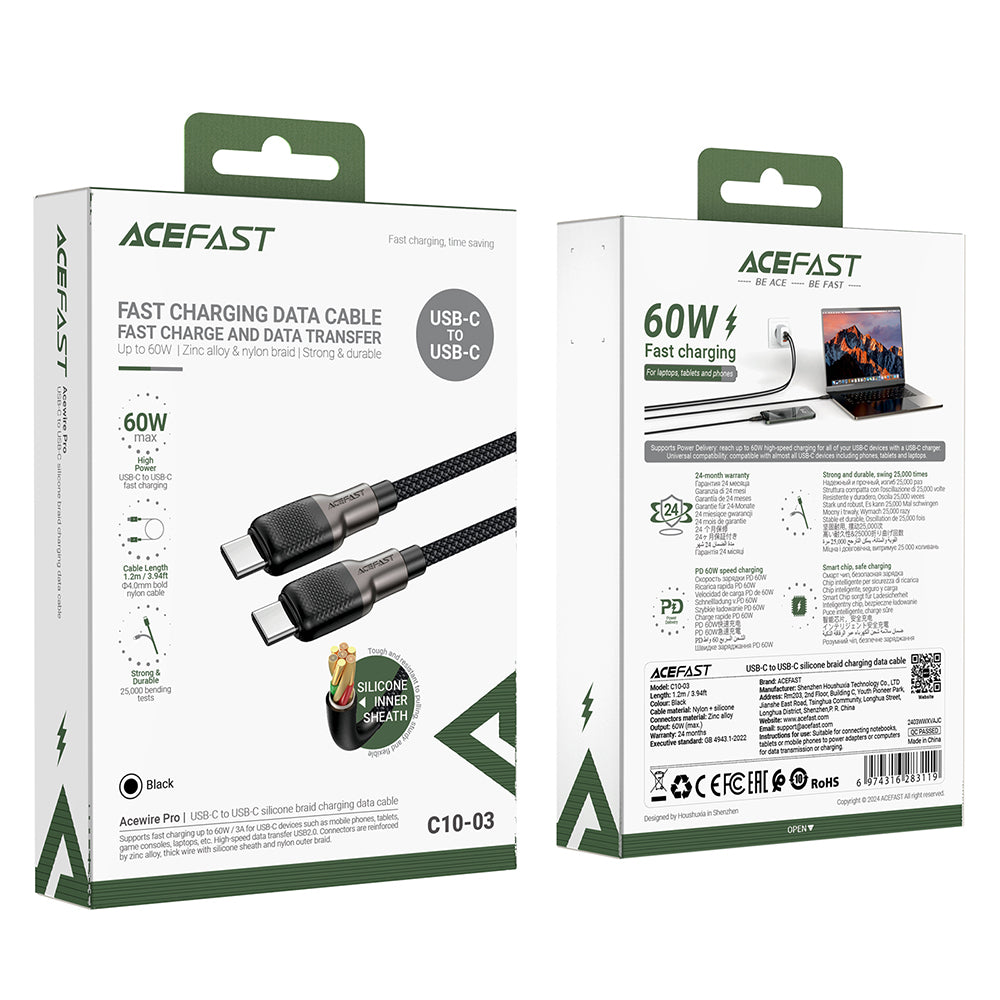 Daten- und Ladekabel USB-C - USB-C Acefast C10-03, 60W, 1.2m, Schwarz