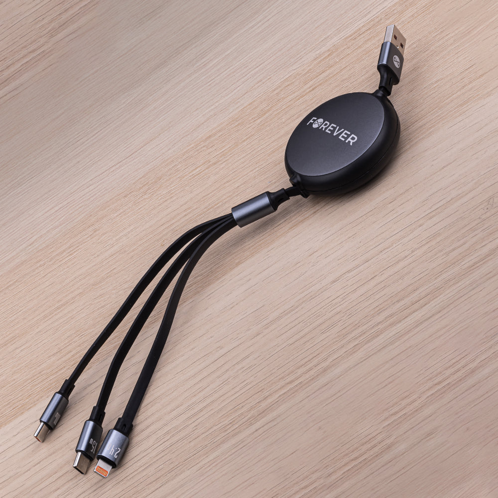 Ladekabel USB-A - Lightning / 2 x USB-C Forever 3in1, 100W, 1.2m, Schwarz
