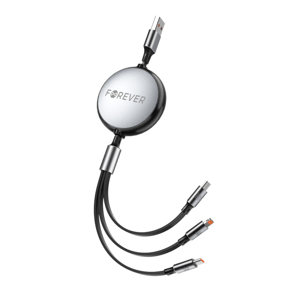 Ladekabel USB-A - Lightning / 2 x USB-C Forever 3in1, 100W, 1.2m, Schwarz