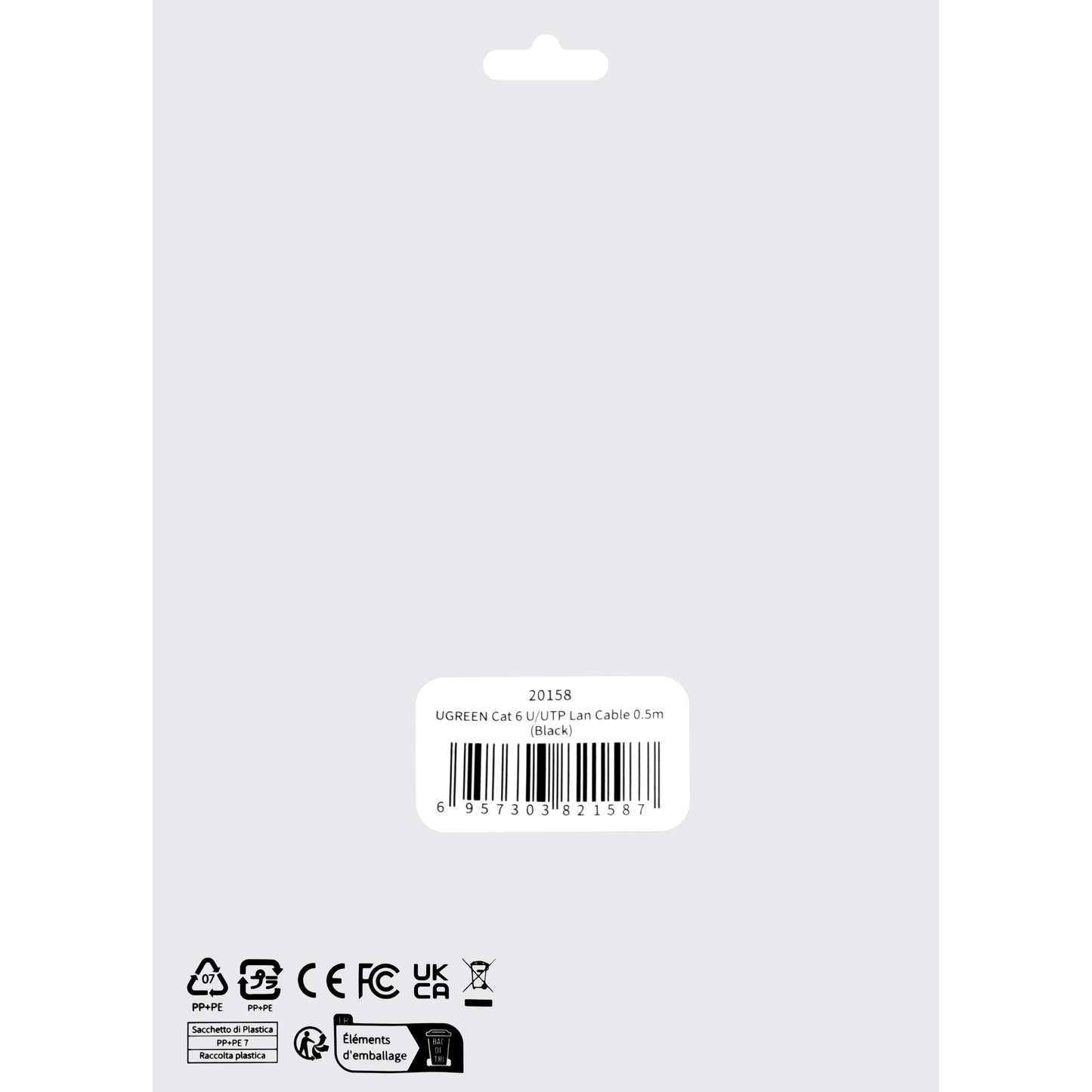 UGREEN NW102 Network Cable, UTP, Cat6, 0.5m, Black