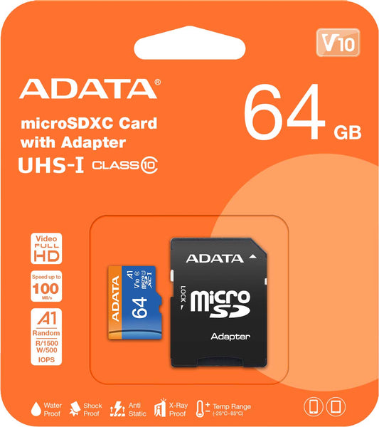 Speicherkarte microSDXC Adata, 64Gb, Klasse 10 / UHS-1 U1, mit Adapter AUSDX64GUICL10A1-RA1 AUSDX64GUICL10A1-RA1