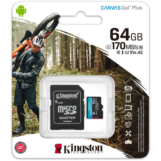 Kingston Canvas Go Plus microSDXC Speicherkarte Kingston Canvas Go Plus, 64Gb, Klasse 10 / UHS-1 U3, mit SDCG3/64GB Adapter