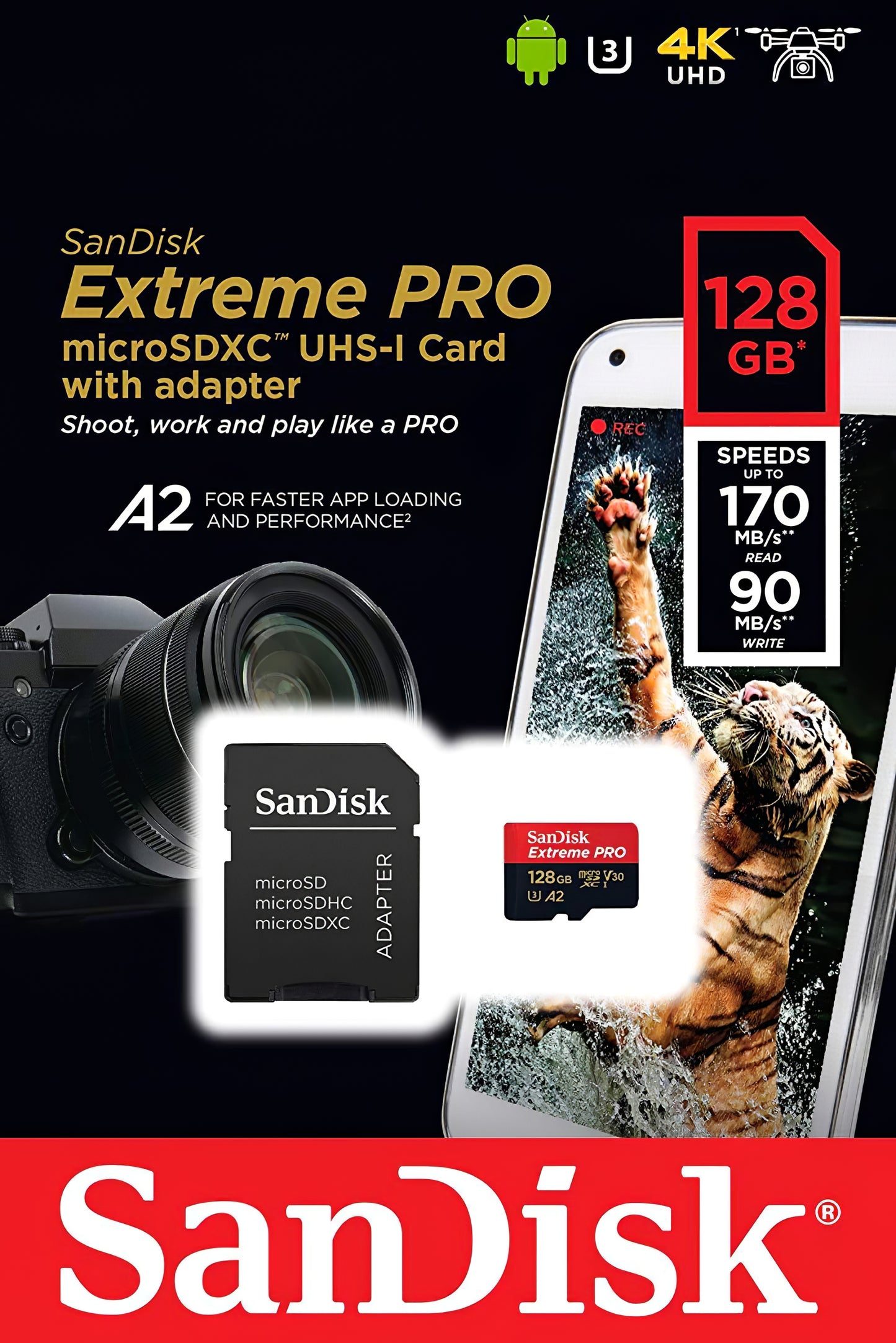 Speicherkarte microSDXC SanDisk Extreme Pro, 128Gb, Klasse 10 / UHS-1 U3, mit Adapter SDSQXCD-128G-GN6MA