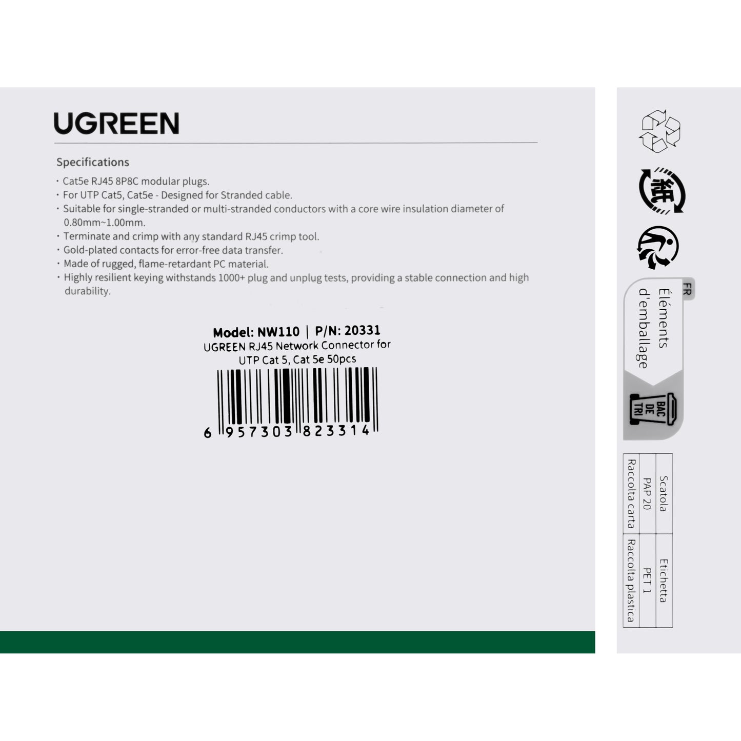 Netzwerkstecker UGREEN NW110, RJ45, Cat5, Satz 50 Stück