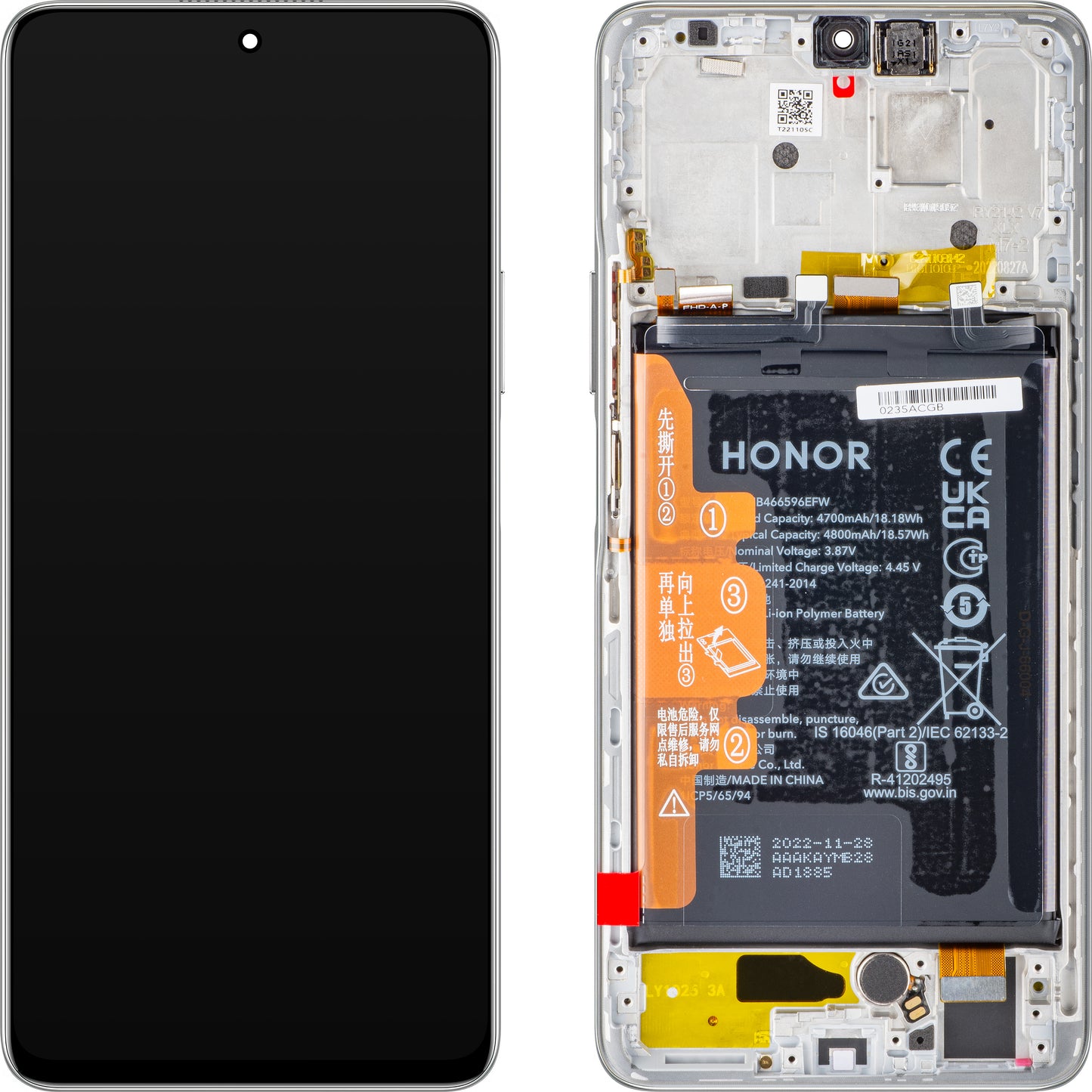 Touchscreen Display Touchscreen Honor Magic4 Lite, mit Rahmen und Akku, Titansilber, Service Pack 0235ABSS