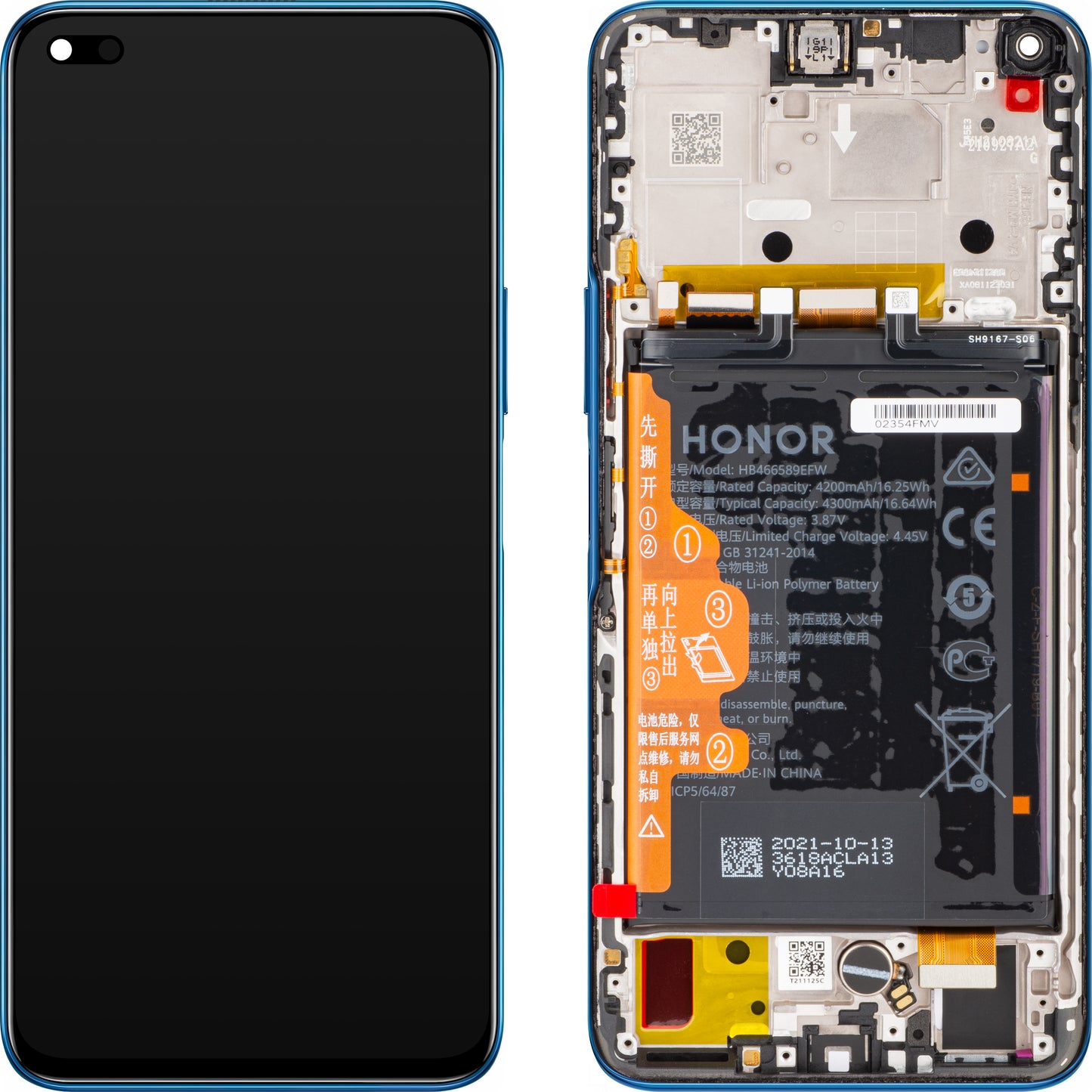 Touchscreen-Display Honor 50 Lite, mit Rahmen und Akku, Tiefseeblau, Service Pack 02354FMW